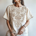 Floral Embroidered Round Neck Linen T-shirt artswardrobe