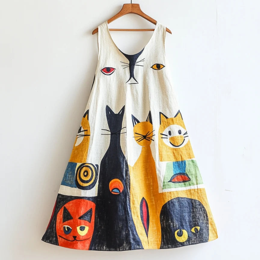 Fun Cat Geometric Art Flowy Linen Tank Dress artswardrobe