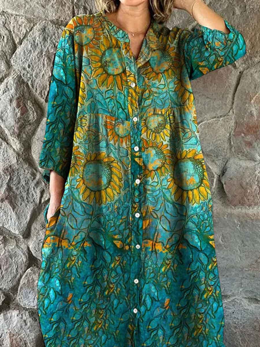 Women's Vintage Sumflower Floral Pattern Shirt Style Cotton and Linen 
