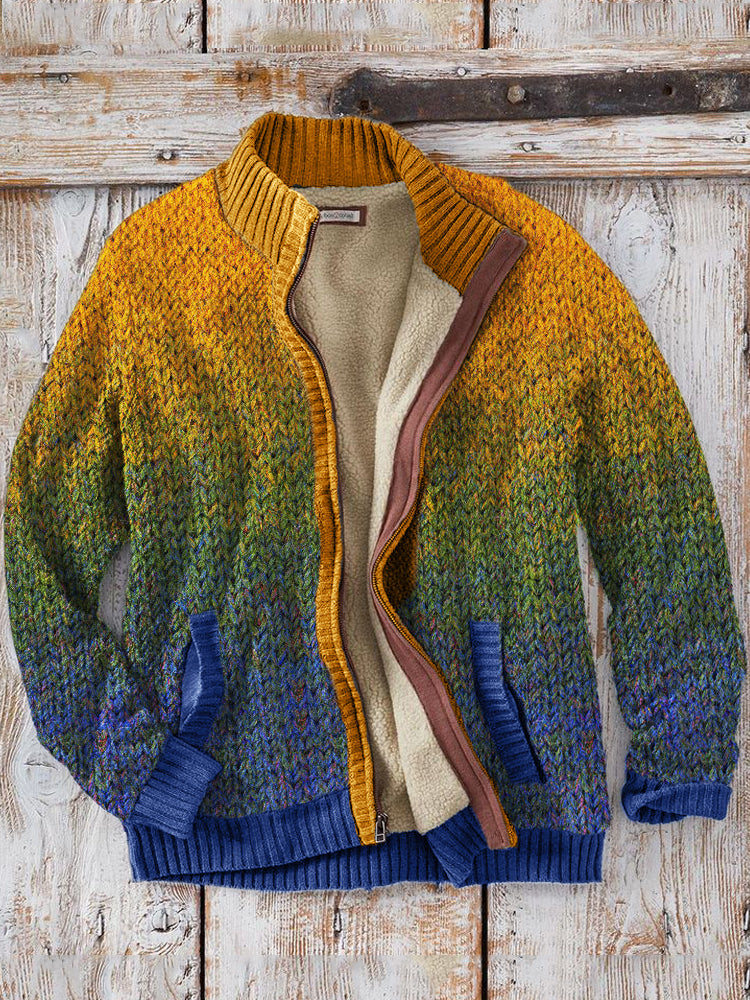 Men's Gradiant Art Crochet Cozy Knit Zip Cardigan artswardrobe