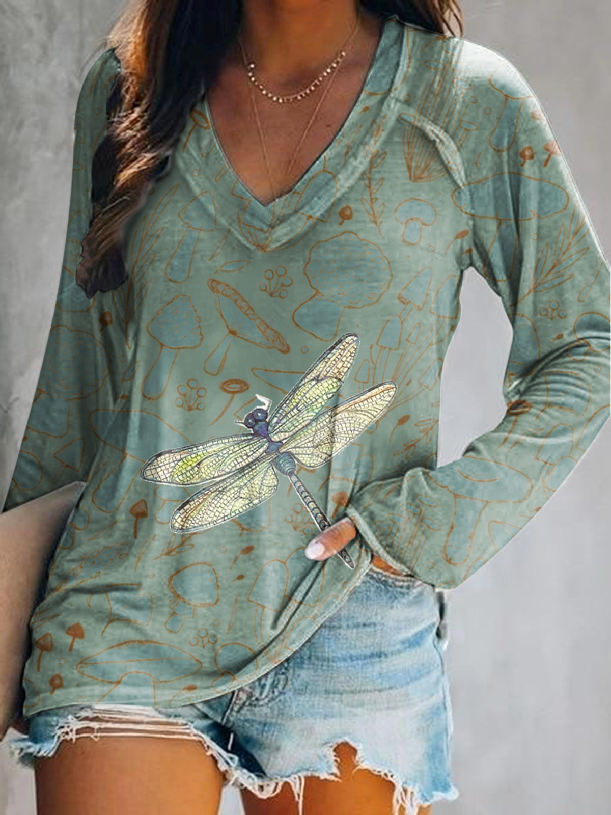 Women's Vintage Dragonfly Art Print V Neck Long Sleeve Tops