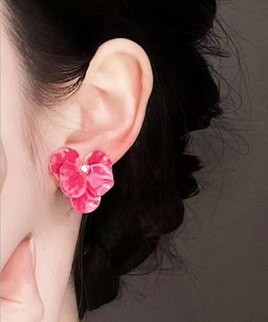 Diy Red Alloy Butterfly Orchid Heart-shaped Stud Earrings