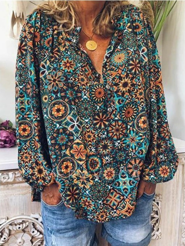 Vintage Printed Long-sleeved Collar Shirt
