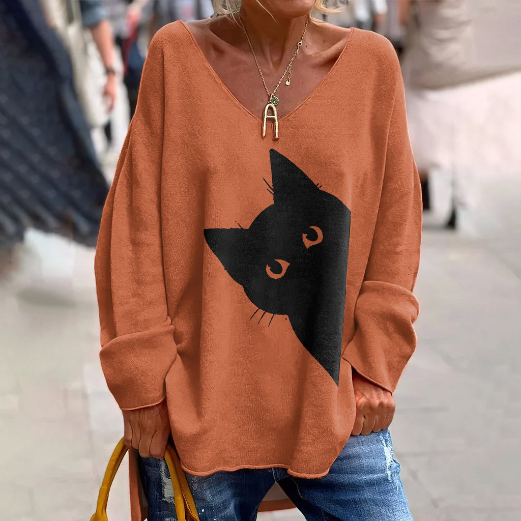 Women's Classic Peek-A-Boo Hiding Black Cat Painting Print Long Sleeve T-Shirt elevenforest