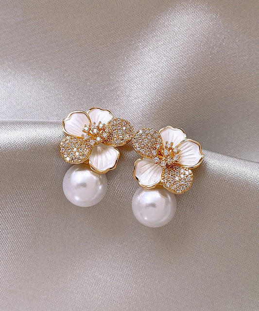 White Sterling Silver Overgild Zircon Pearl Stud Earrings