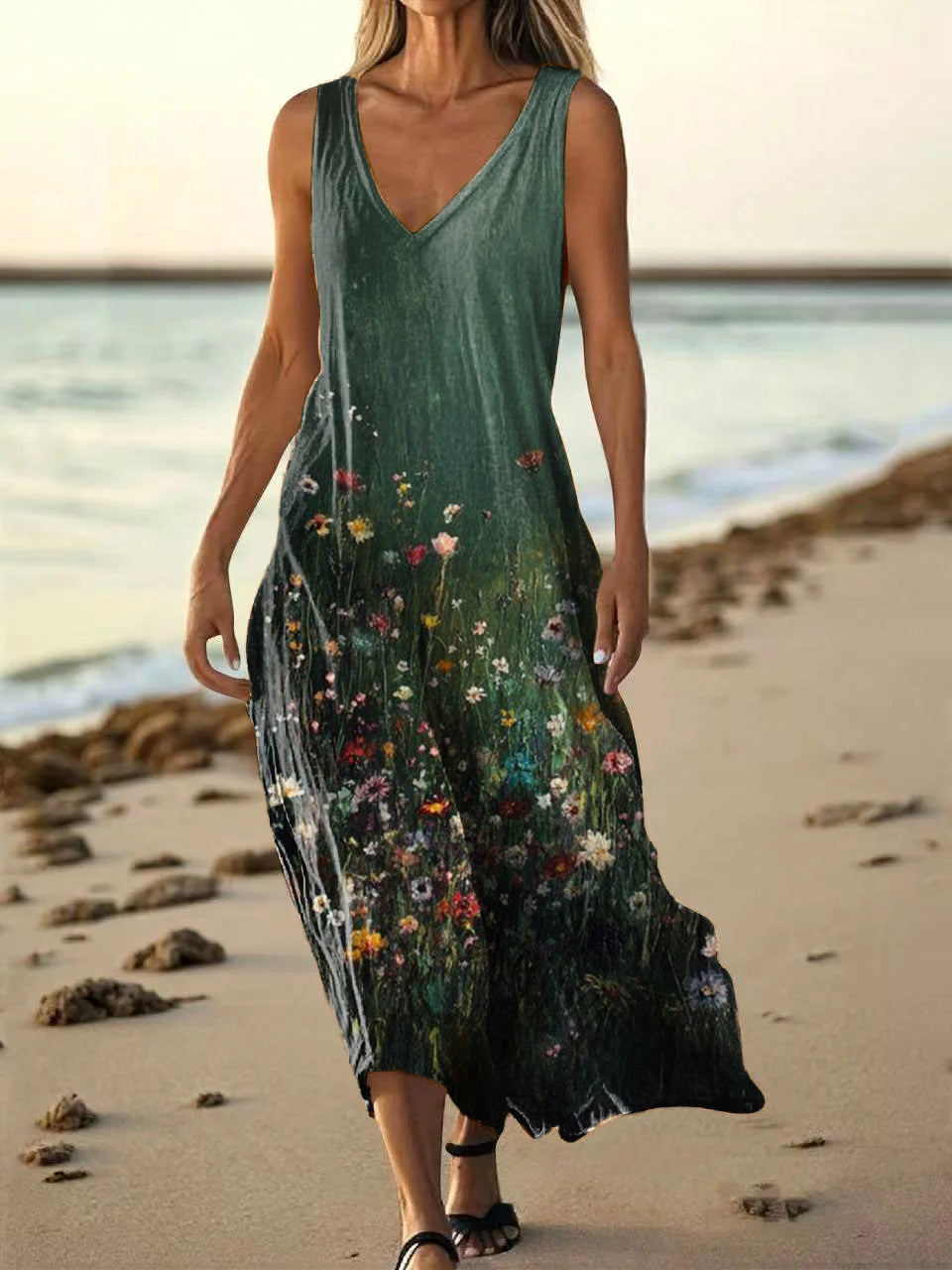 Women's Vintage Floral Art Print Pocket Cotton Dress