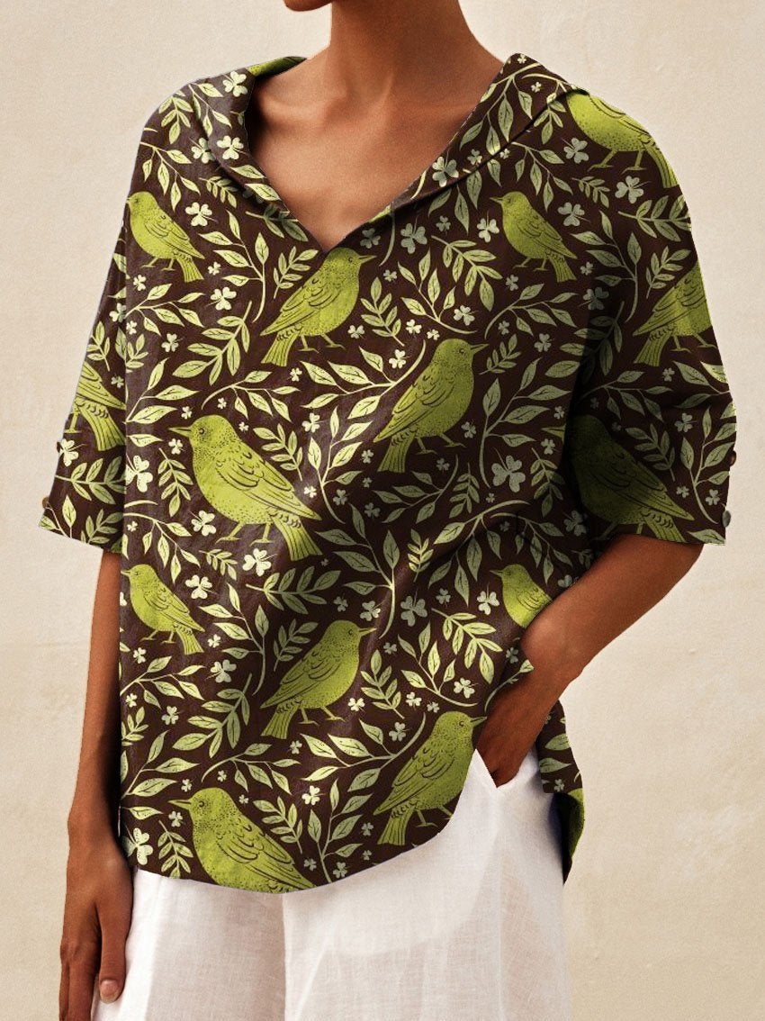 Women's Vintage Lovely Birds Floral Art Print Casual Linen V-neck Shirt
