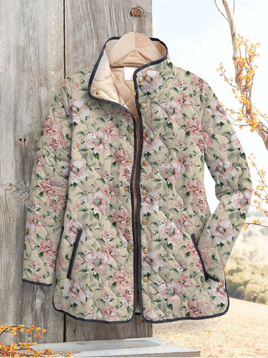 Oil Painting Peony Floral Pattern Printed Women's Casual Quilted Cardigan