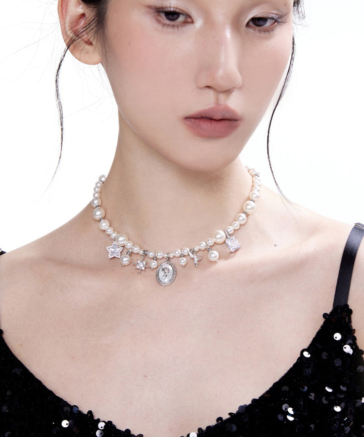 Stylish Pearl Angel Zircon Silver Plated Pendant Choker