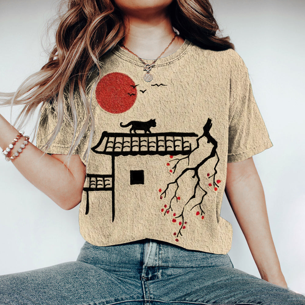 Japanese Cat Sunset Print Women's T-shirt elevenforest