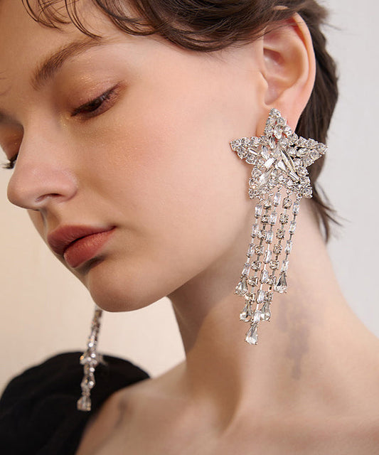 Exaggeration Silk Zircon Five Pointed Star Tassels Silver Plated Stud Earrings