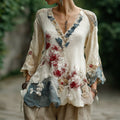 Women's Japanese Spider Lily Embroidered Cotton And Linen V-neck Shirt artswardrobe