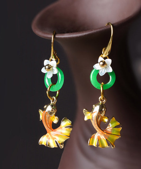 Yellow Green Cloisonne Shell Flower Chalcedony Goldfish Drop Earrings