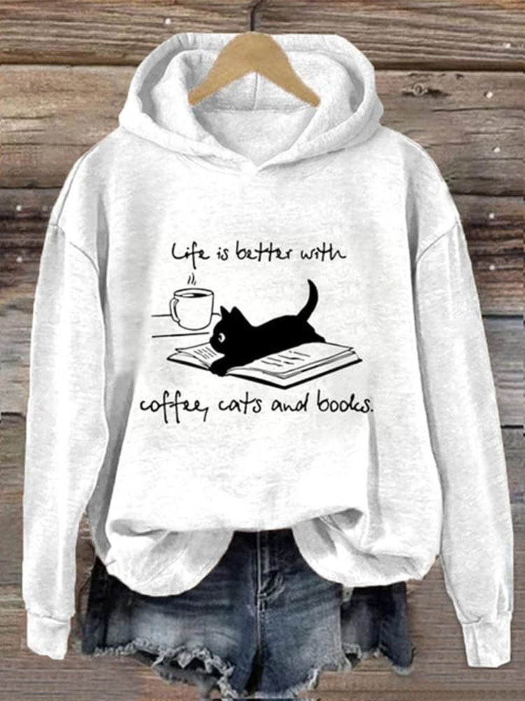 Life Is Better With Coffee Cats And Books Print Casual Hoodie elevenforest