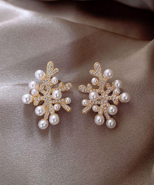 White Sterling Silver Overgild Zircon Coral Pearl Stud Earrings
