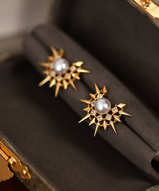Original Design Sunflower Pearl Gold Plated Stud Earrings