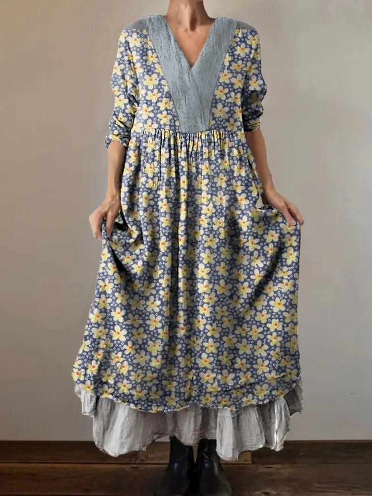 Women's Flower Art Print V-Neck Pocket Cotton Dress
