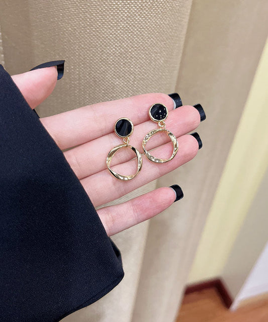 Black Sterling Silver Alloy Hollow Out Oil Drip Circle Drop Earrings