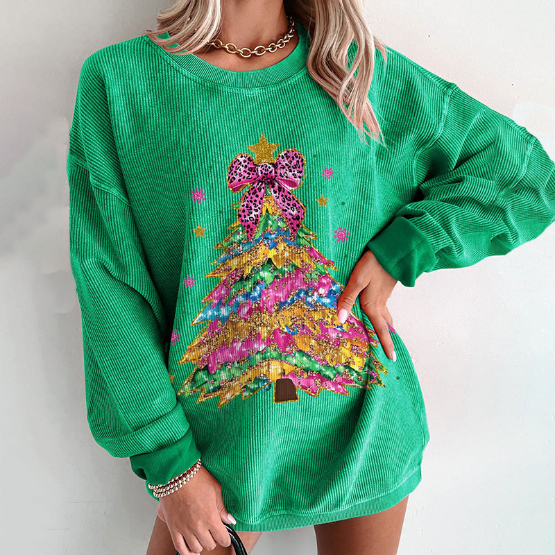 Comstylish Christmas Colorful Coquette Glitter Christmas Tree Print Sweatshirt