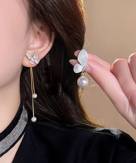 White Copper Alloy Asymmetry Butterfly Pearl Tassel Drop Earrings