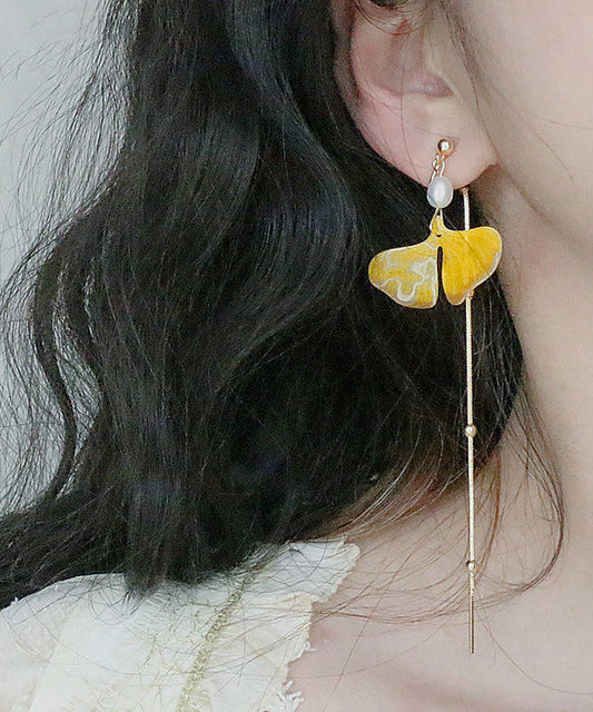 Stylish Yellow 14k Gold Pearl Ginkgo Leaf Tassel Drop Earrings