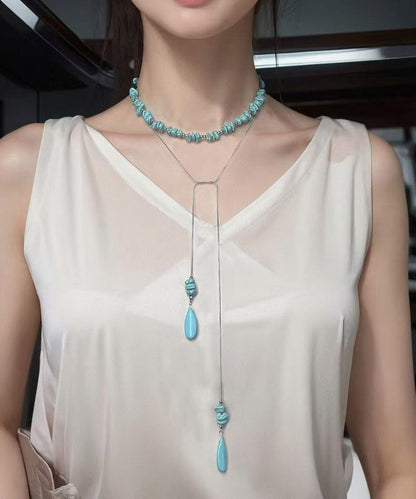 Blue Stainless Steel Turquoise Beads Sweater Pendant Necklace