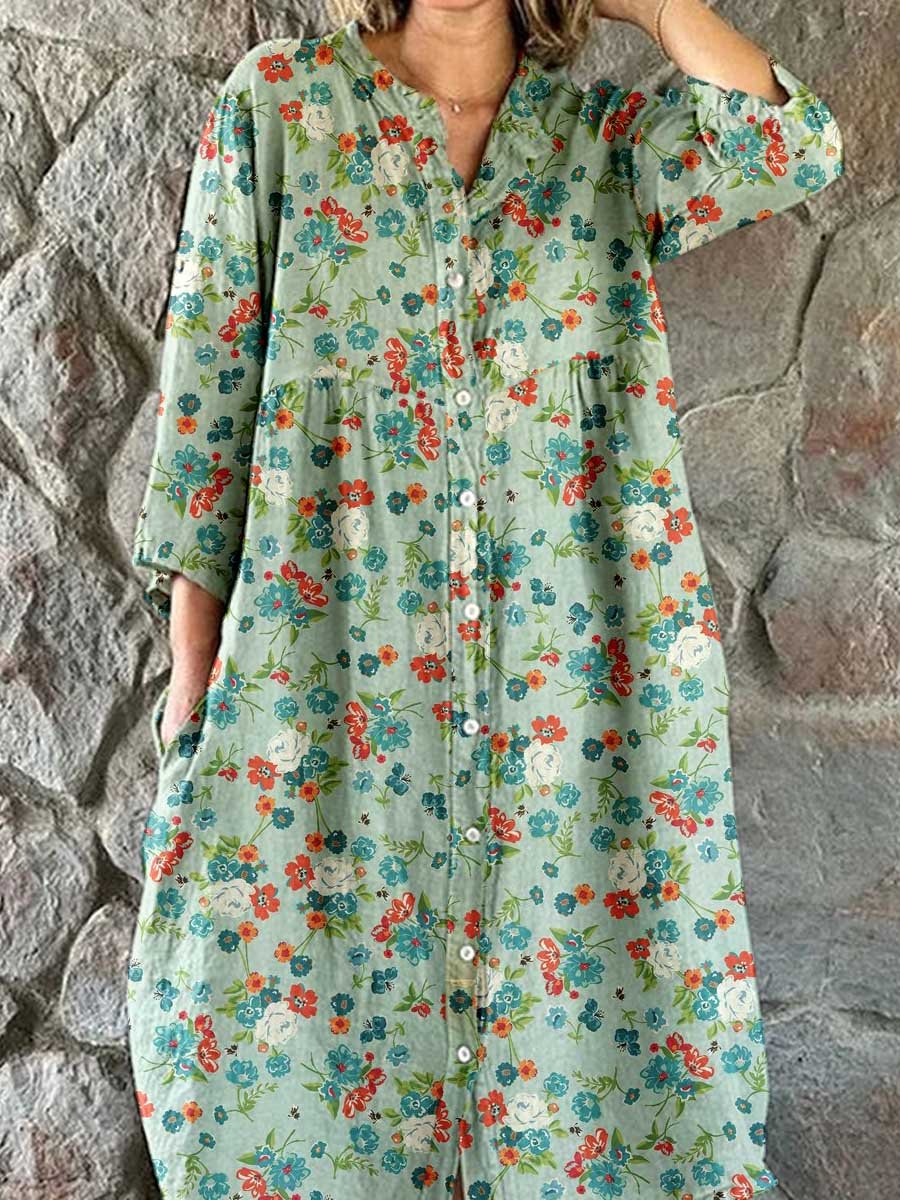 Women's Elegant Floral Pattern Shirt Style Cotton and Linen Dress