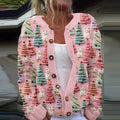 Women's Christamas Tree And Cat Print Cozy Knit Cardigan elevenforest