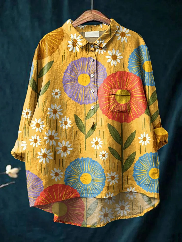 Women's Vintage Flower Dandelion Daisy Art Print Casual Cotton And Linen Shirt