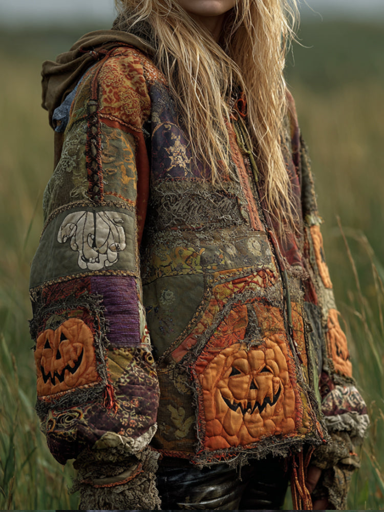 Comstylish Women's Vintage-style, Distressed Patchwork Halloween Pumpkin Pattern Hoodie