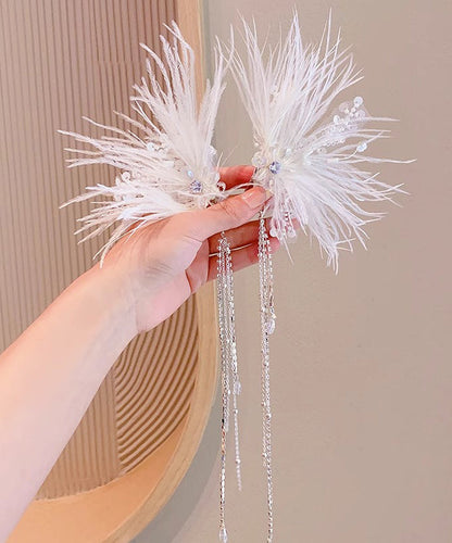 White Alloy Feather Pearl Sequins Tassel Hairpin