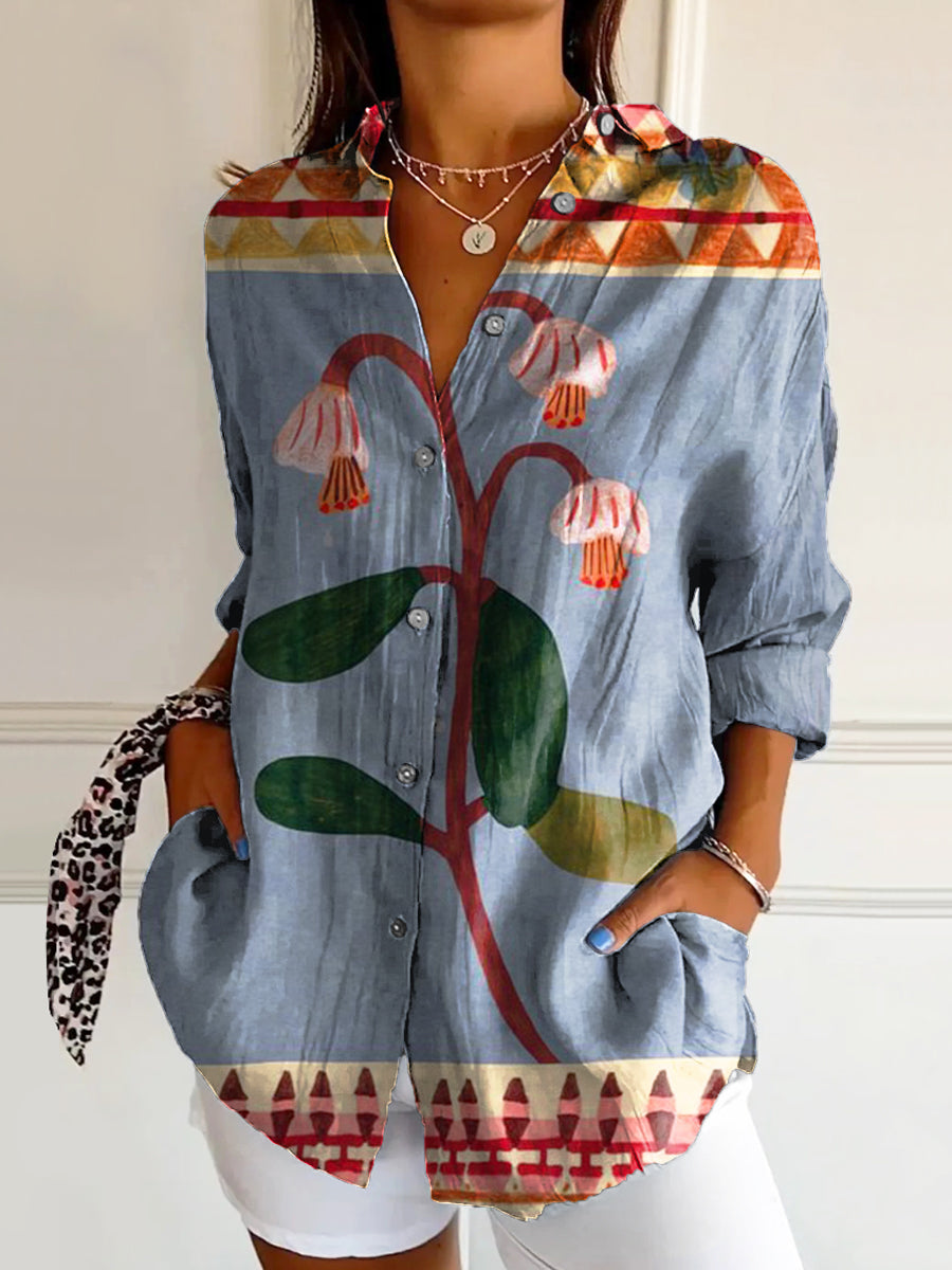 Women's Vintage Floral Art Print Casual Cotton Shirt