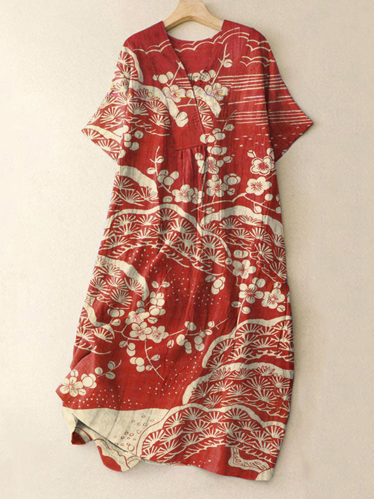 Vintage Japanese Floral Art Printed Casual Midi Dress
