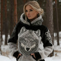 Comstylish Women's Retro Viking Wolf Art Plush Hooded Sweatshirt