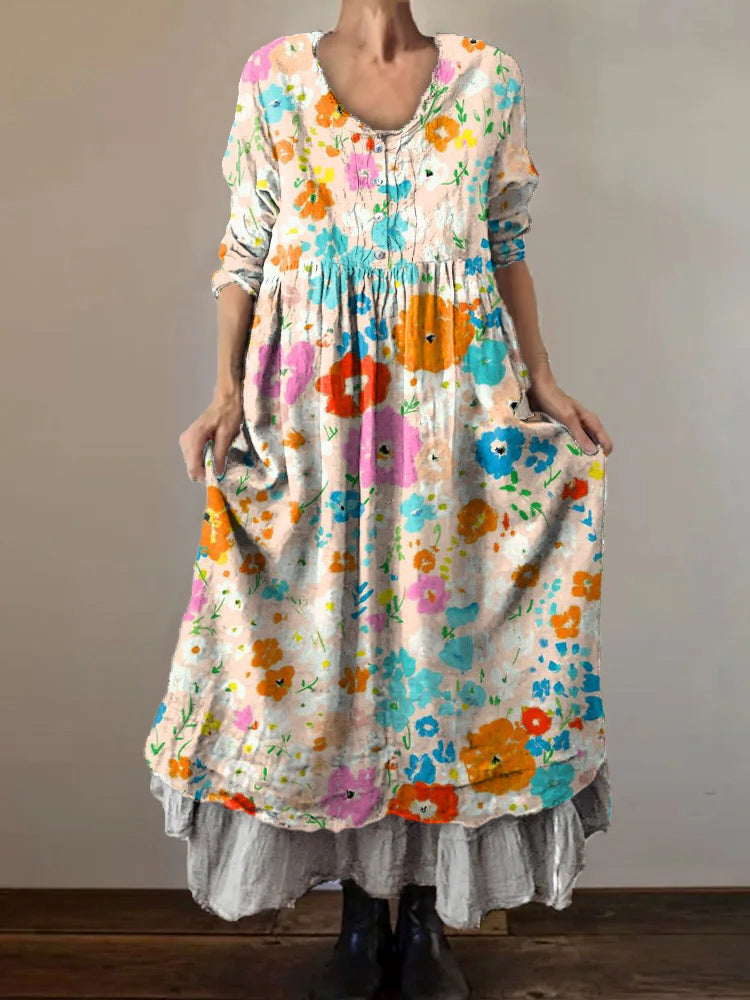 Women's Art Floral Hippie Vintage Print V Neck Dress