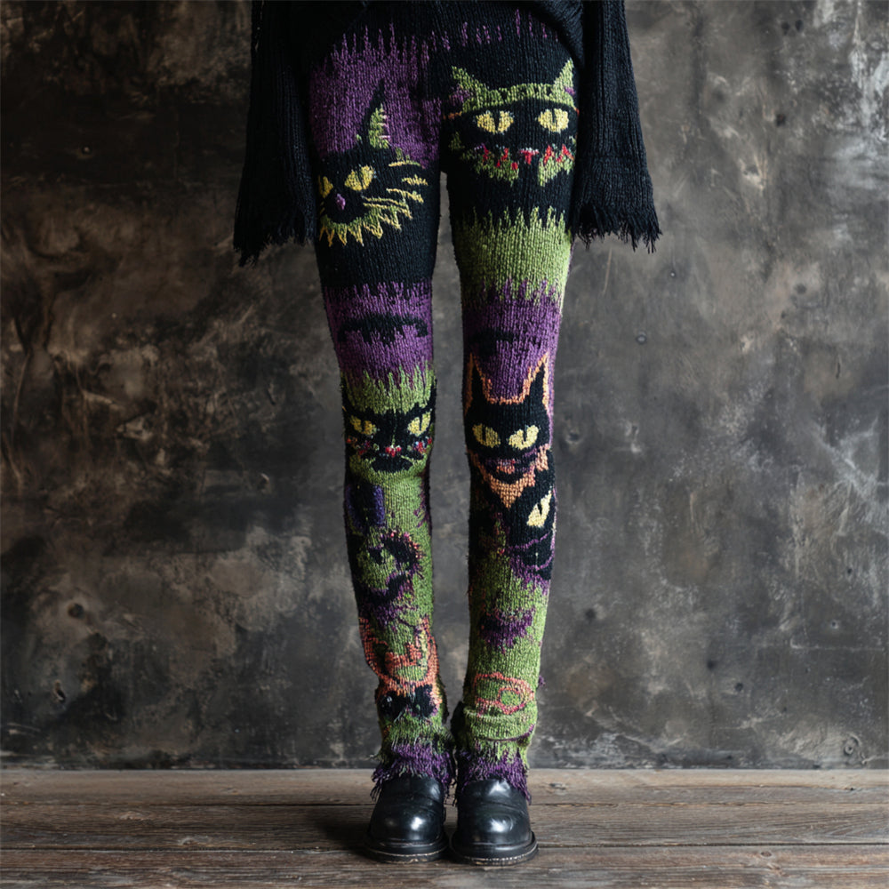 Halloween Spooky Cat Embroidered Women's Knit Leggings elevenforest