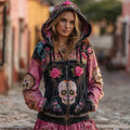 Comstylish Day Of The Dead Sugar Skulls Roses Colorblock Full Zip Hoodie