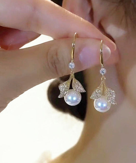 White Sterling Silver Overgild Inlaid Pearl Zircon Leaf Drop Earrings