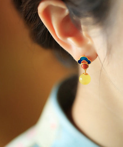 Yellow Sterling Silver Inlaid Auspicious Clouds Amber Stud Earrings