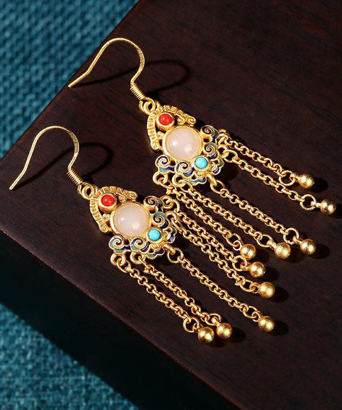 Colorblock Ancient Gold Jade Turquoise Tassel Drop Earrings