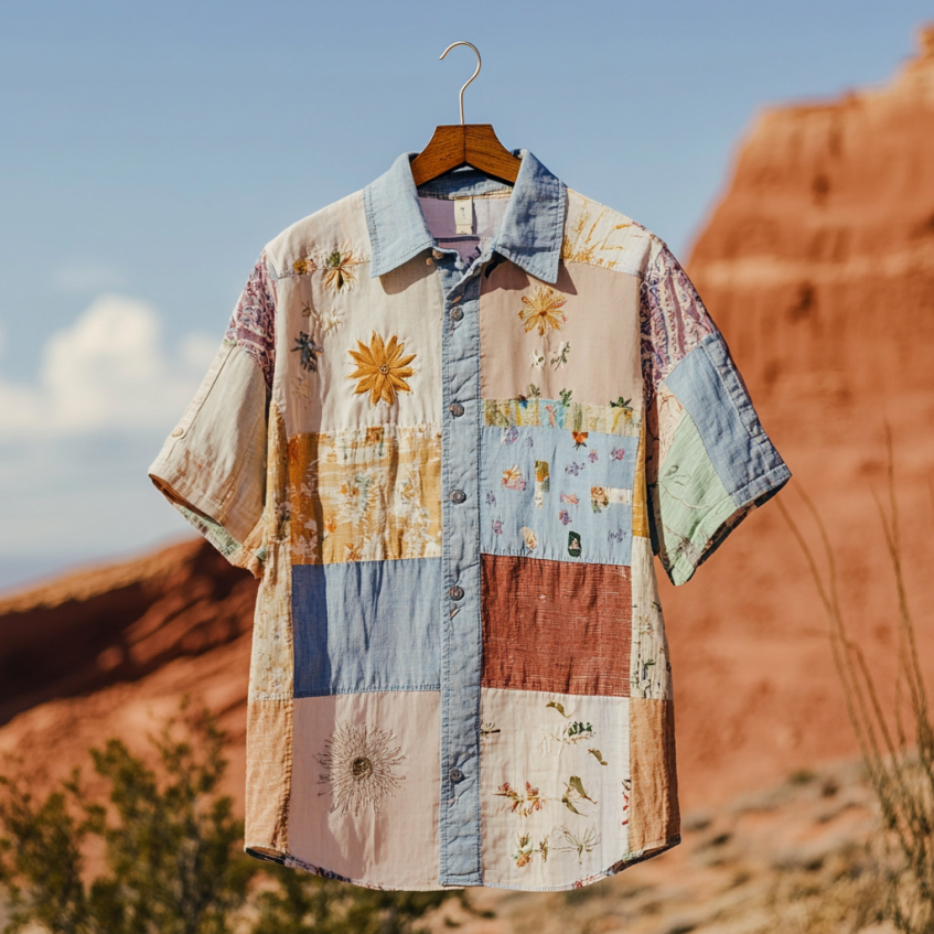 Men's Floral Applique Patchwork Art Casual Short Sleeve Shirts artswardrobe