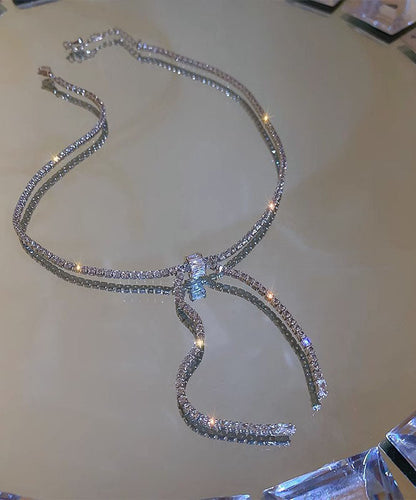 Silk Sterling Silver Zircon Bow Princess Necklace