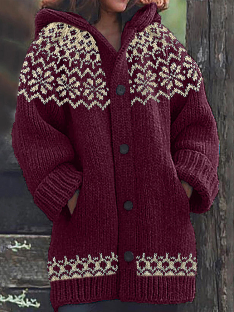 Vintage Jacquard Cozy Icelandic Knit Hooded Cardigan artswardrobe
