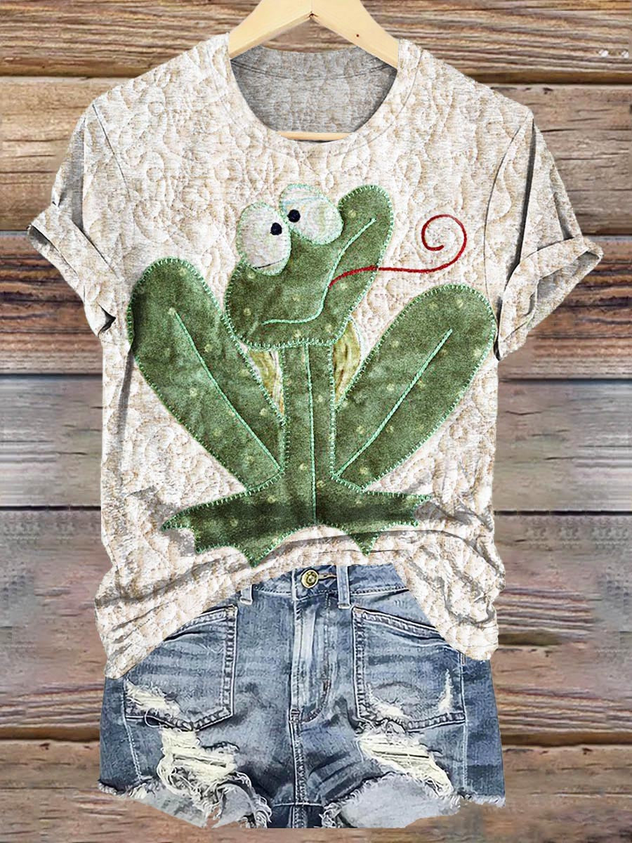 Women's Hippie Cute Frog Art Print Crew Neck T-shirt