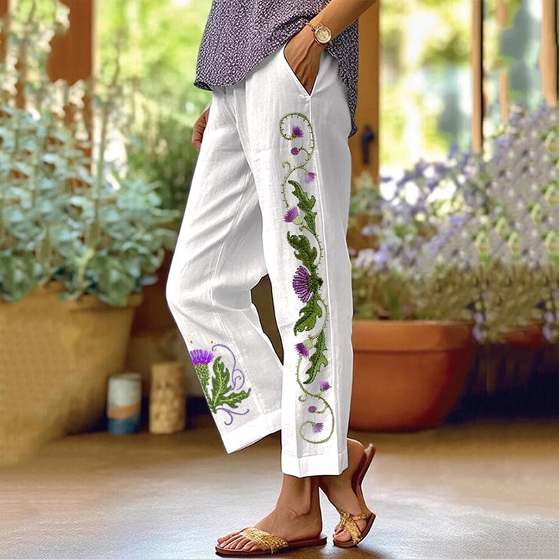 Scottish Thistle Embroidered Linen Blend Pants artswardrobe