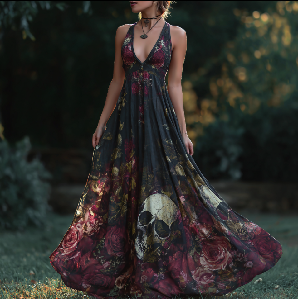 Halloween Theme Rose And Skull Pattern Women's V-neck Long Dress artswardrobe