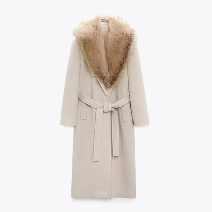 Faux Fur Patchwork Collar Woolen Belts Coat Button Up Pocket Thicken Warm Outwear Female Winter Jacket