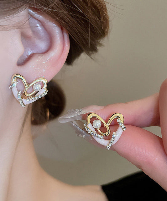 Colorblock Alloy Zircon Pearl Love Drip Glaze Stud Earrings