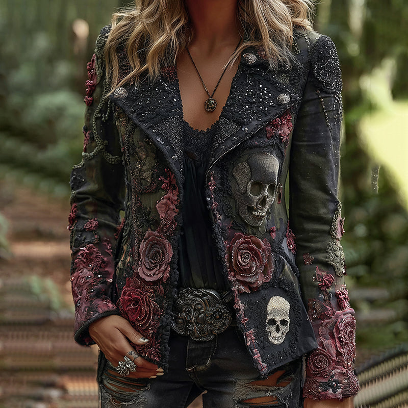 Comstylish Rose Skull Embroidered Gothic Rock Lapel Denim Jacket