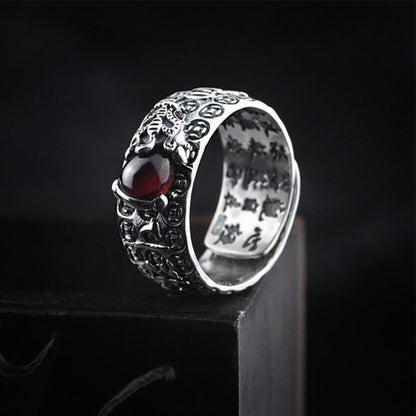 Buddha Stones Fengshui Pixiu Red Garnet Wealth Ring